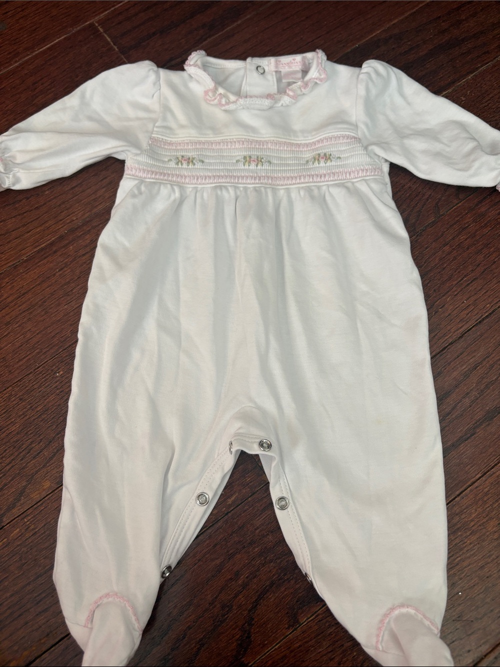 Kissy Kissy White and Pink Smocked Footed One-Piece